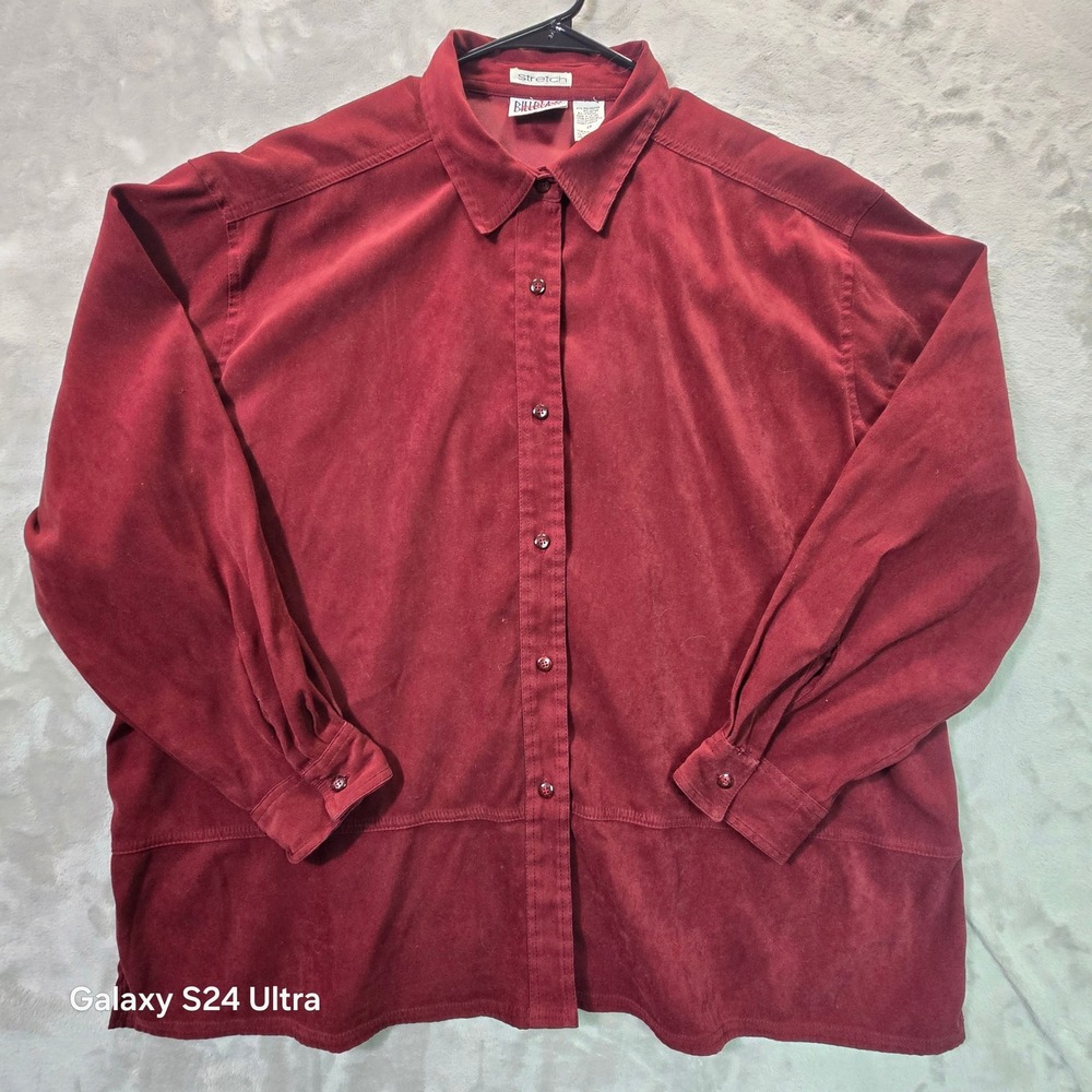 Bill Blass Woman Jeans Burgundy Faux Suede Stretch Button Up Shirt 2X 0835